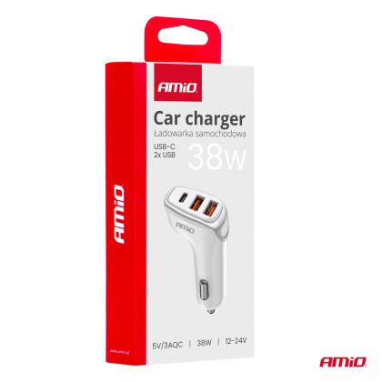 Nabíječka do auta 2x USB-A + USB-C 38W 12/24V AMiO-03886