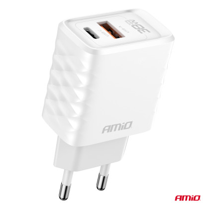 Síťová nabíječka Quick Charger GaN 38W USB-A + USB-C AMiO-04287