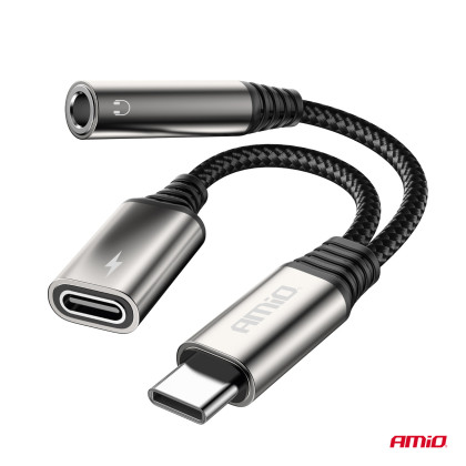 Adaptér USB-C rozdělovací na USB-C + Mini-Jack 3,5mm 10cm AMiO-04295