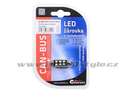 Žárovka 6 SMD LED 12V suf. SV8.5 38mm s rezistorem CAN-BUS bílá