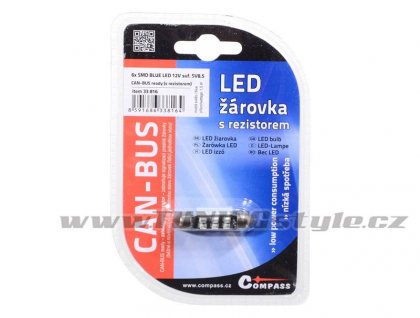 Žárovka 6 SMD LED 12V suf. SV8.5 38mm s rezistorem CAN-BUS modrá