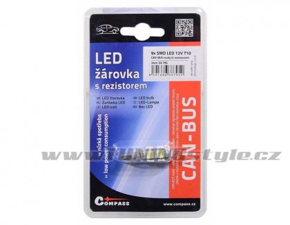 Žárovka 9 SMD LED 12V T10 s rezistorem CAN-BUS ready bílá