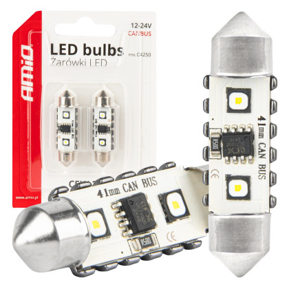 LED žárovky CANBUS 12SMD Festoon C5W 3838 41mm White 12/24V AMiO-04250